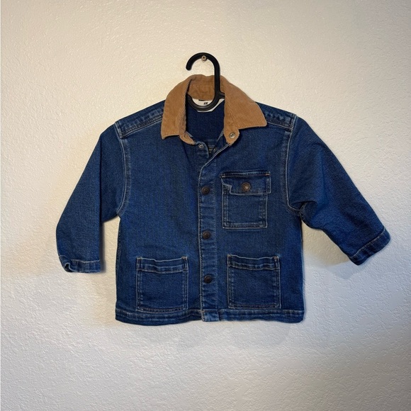 H&M Other - H&M Blue Denim Chore Jacket Button Front Corduroy Collar Trendy Coat Size 3T